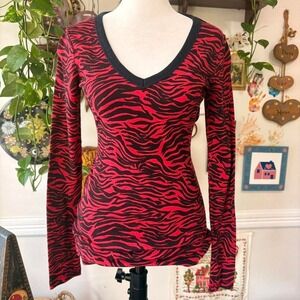 Vintage Y2K Self Esteem Zebra Prink Red/Black V-neck Long Sleeve Fitted Mcbling